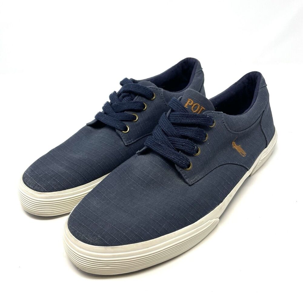 Polo Ralph‎ Lauren Navy Blue Felton Canvas Deck Shoes 10 D Brown Polo Pony
